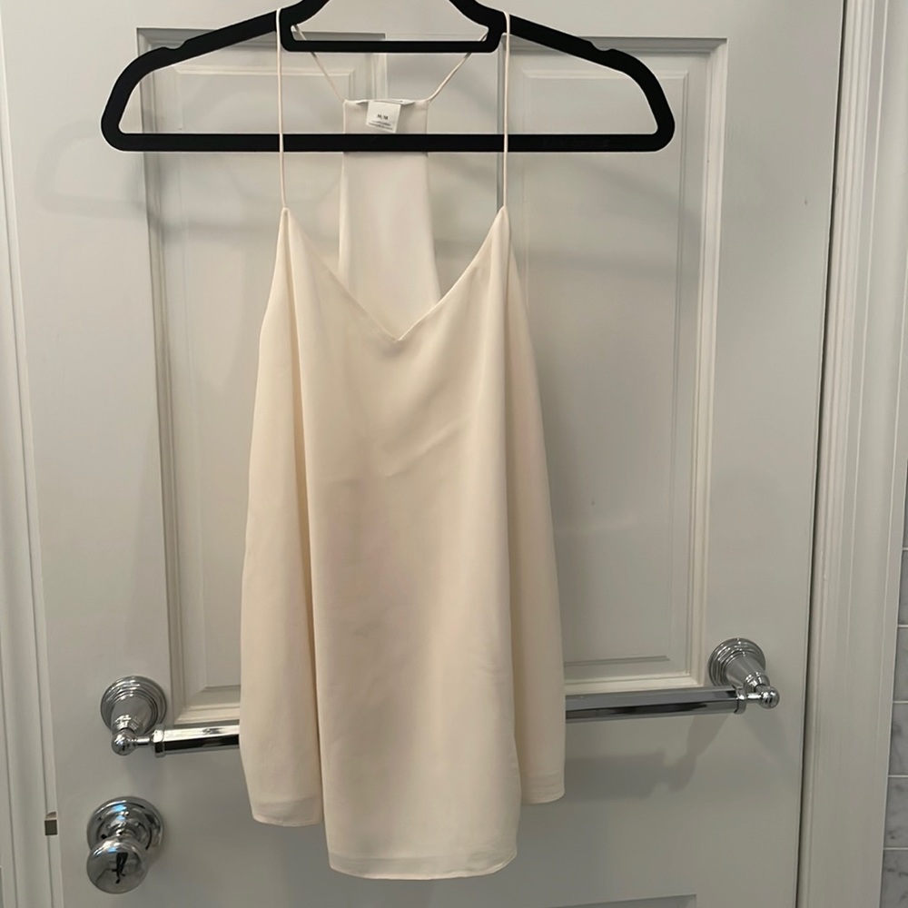 Medium White Club Monaco silk spaghetti flowy tank with racer back and v neck